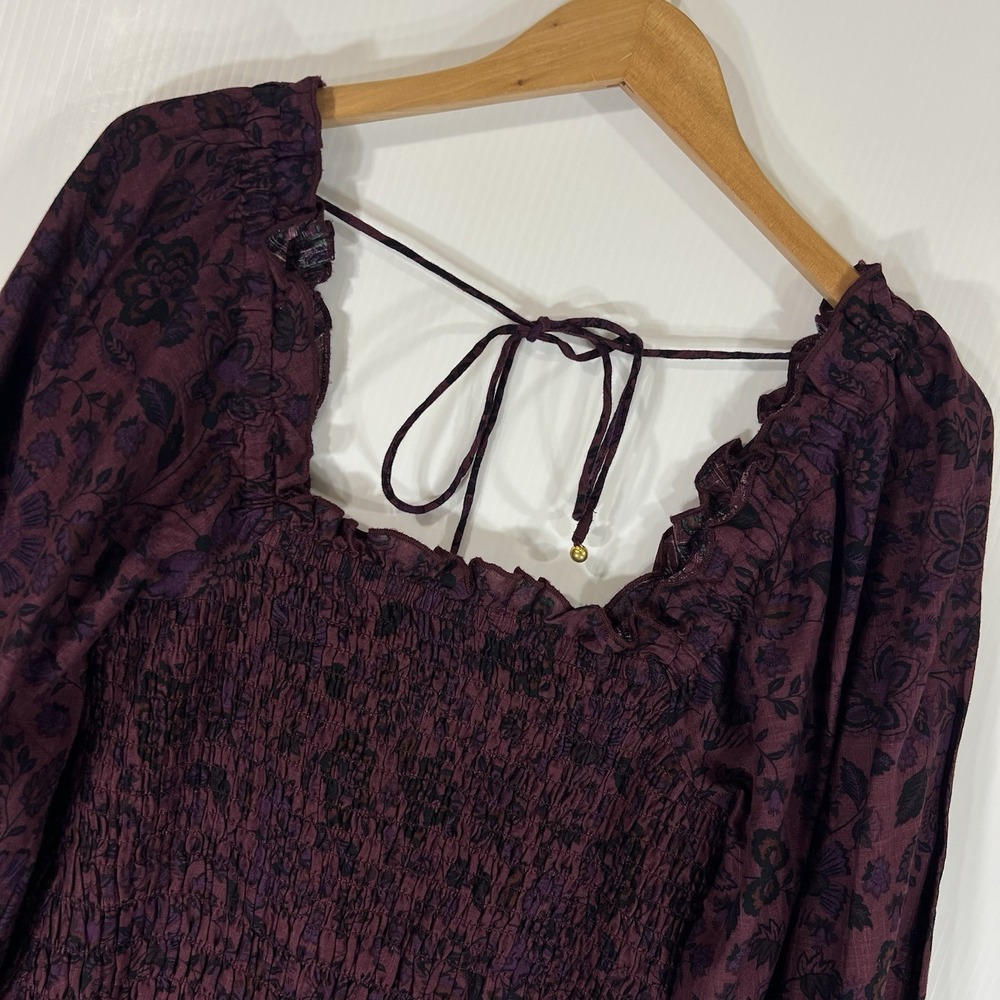 Free People Smock It To Me Mini Dress XS Burgundy Floral Puff Sleeve Cotton NEW - Picture 3 of 13